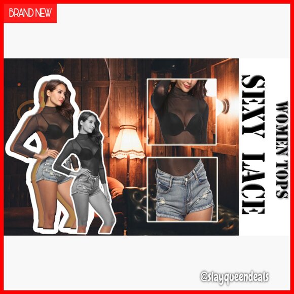 Long Sleeve Mesh Top Sheer Floral Embroidery Mock Neck Layering Tee - Picture 7 of 7